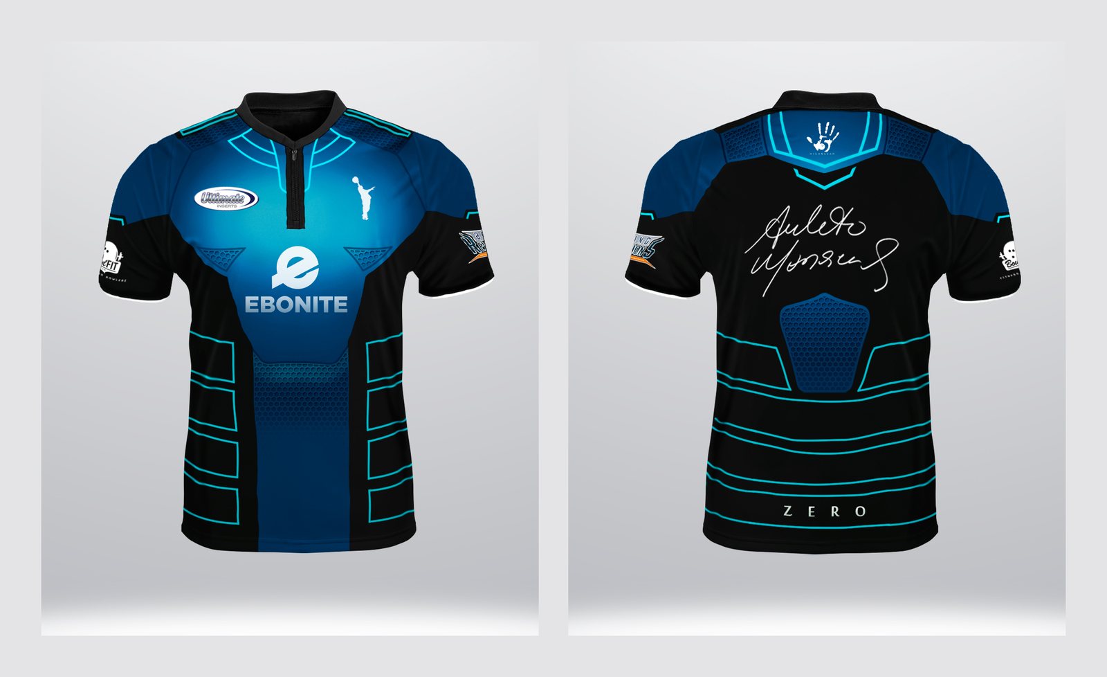 Bowling jersey designed for Amleto Monacelli — Ebonite · blue — front and back
