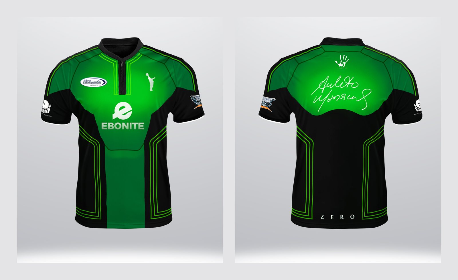 Bowling jersey designed for Amleto Monacelli — Ebonite · green — front and back
