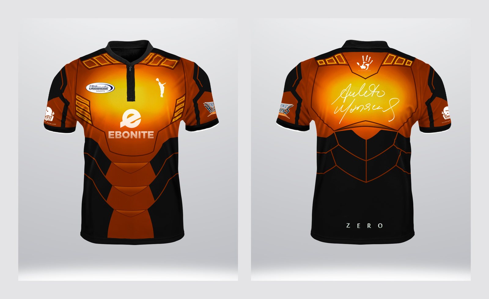 Bowling jersey designed for Amleto Monacelli — Ebonite · orange — front and back