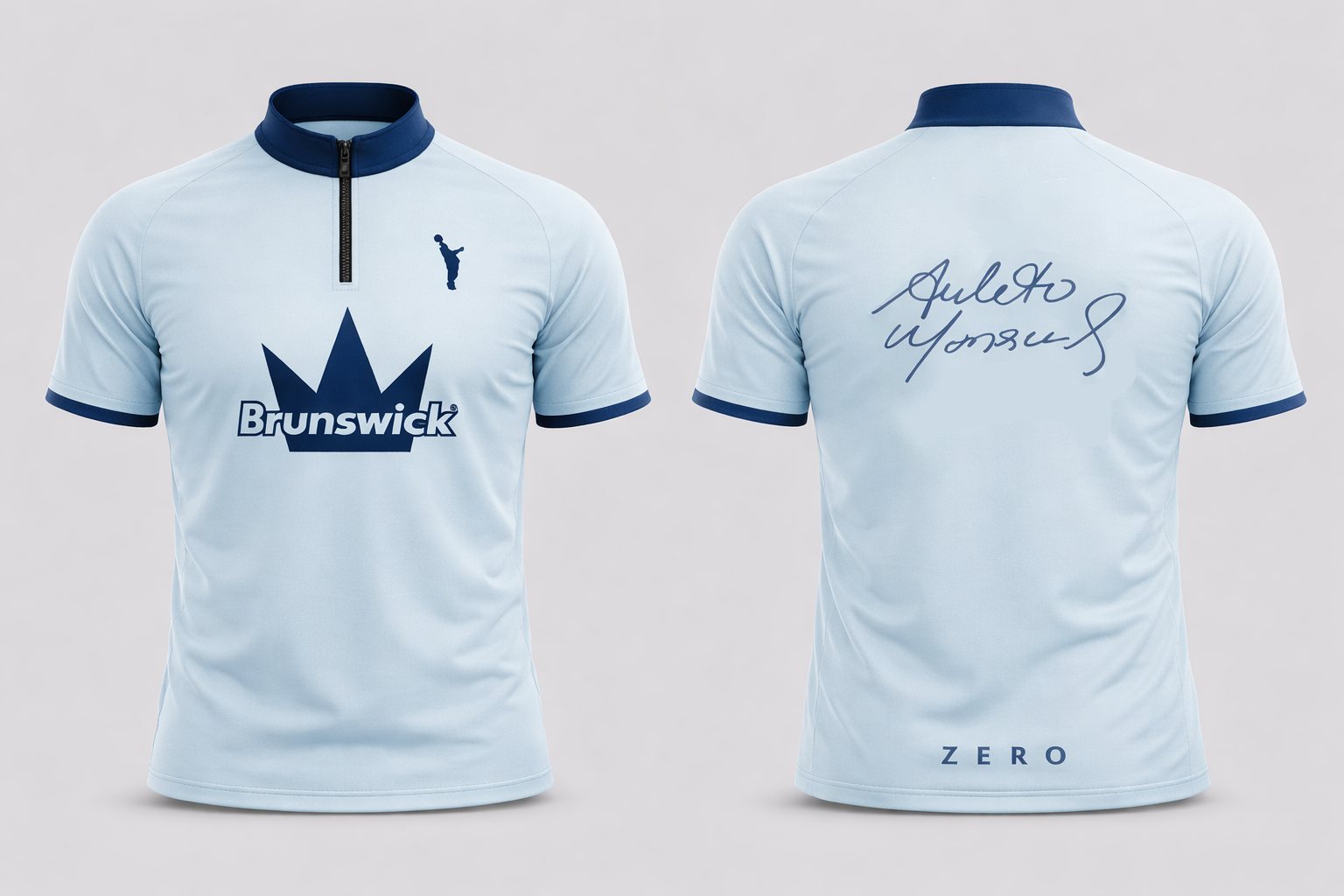Bowling jersey designed for Amleto Monacelli — Brunswick · light colourway — front and back