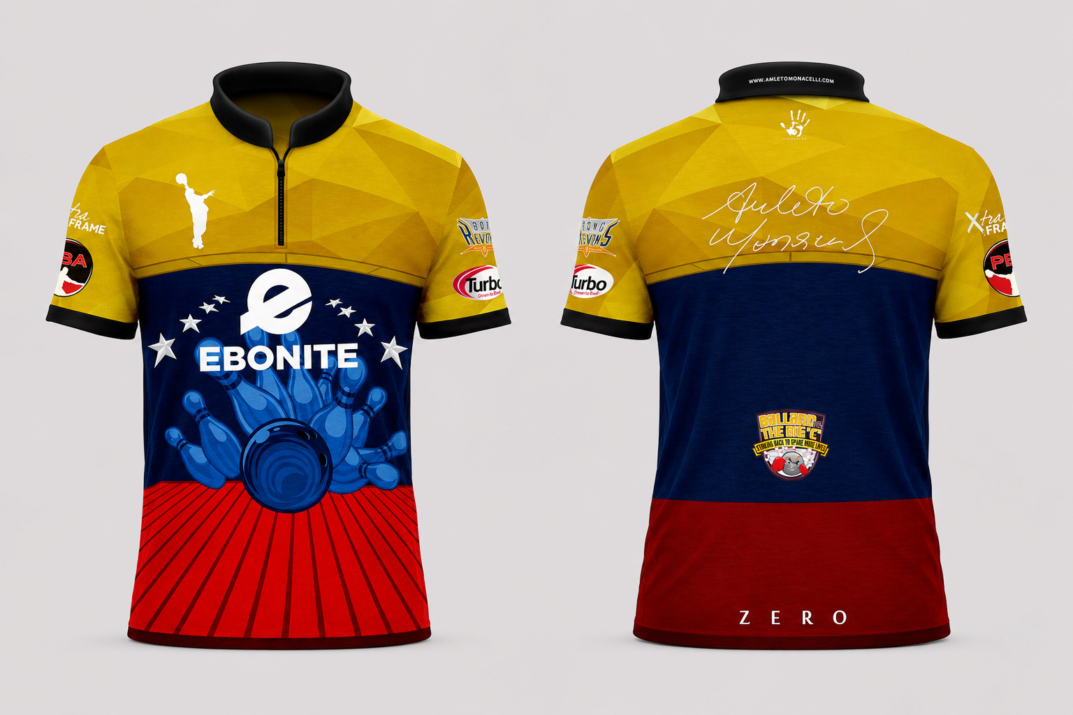 Bowling jersey designed for Amleto Monacelli — Ebonite · Venezuela colourway, front and back